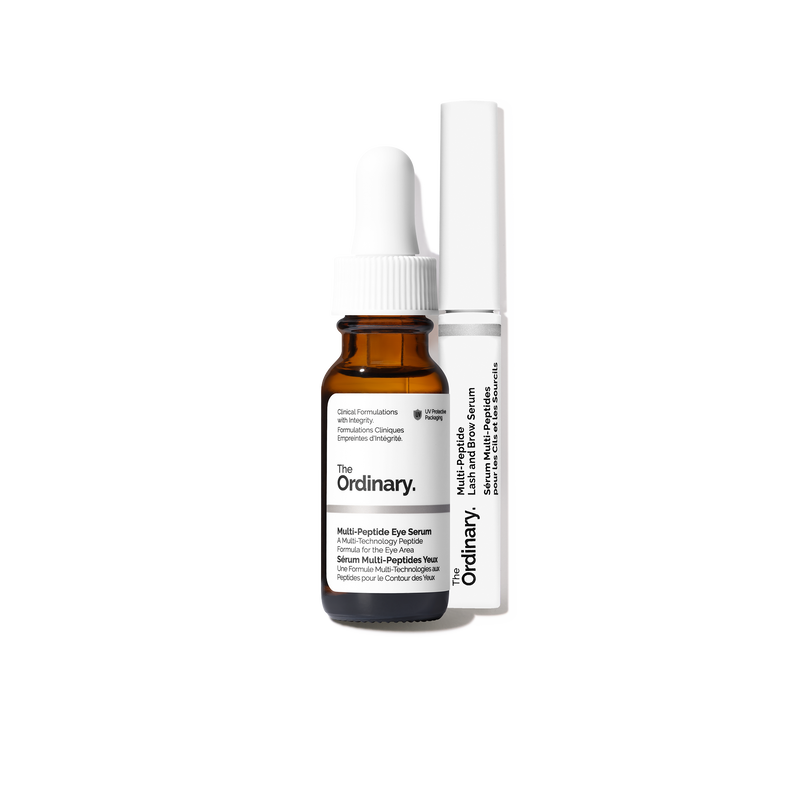 The Ordinary Eye, Lash & Brow Collection set featuring the Multi-Peptide Eye Serum and the Multi-Peptide Lash & Brow Serum on a minimalist white background.