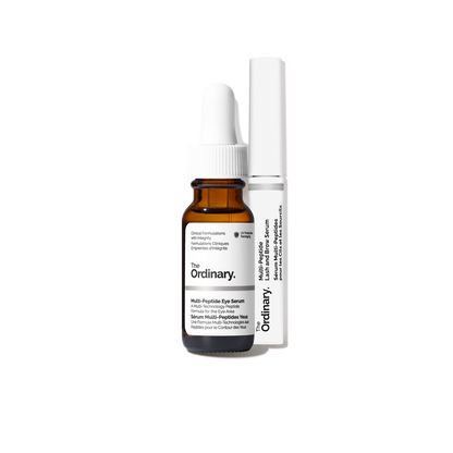 The Ordinary Eye, Lash & Brow Collection set featuring the Multi-Peptide Eye Serum and the Multi-Peptide Lash & Brow Serum on a minimalist white background.