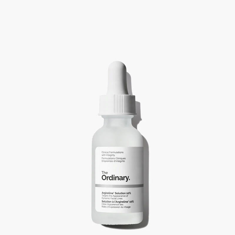 The Ordinary Argireline Solution 10% 30ml glass bottle with a dropper, showing the clear, water-like serum against a clinical white background.