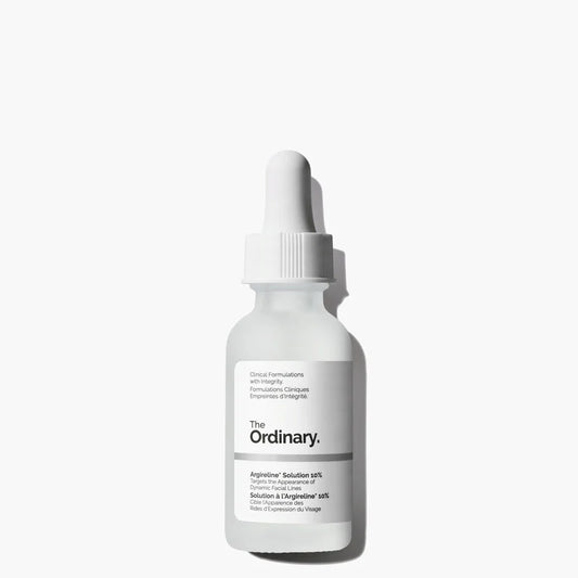 The Ordinary Argireline Solution 10% 30ml glass bottle with a dropper, showing the clear, water-like serum against a clinical white background.