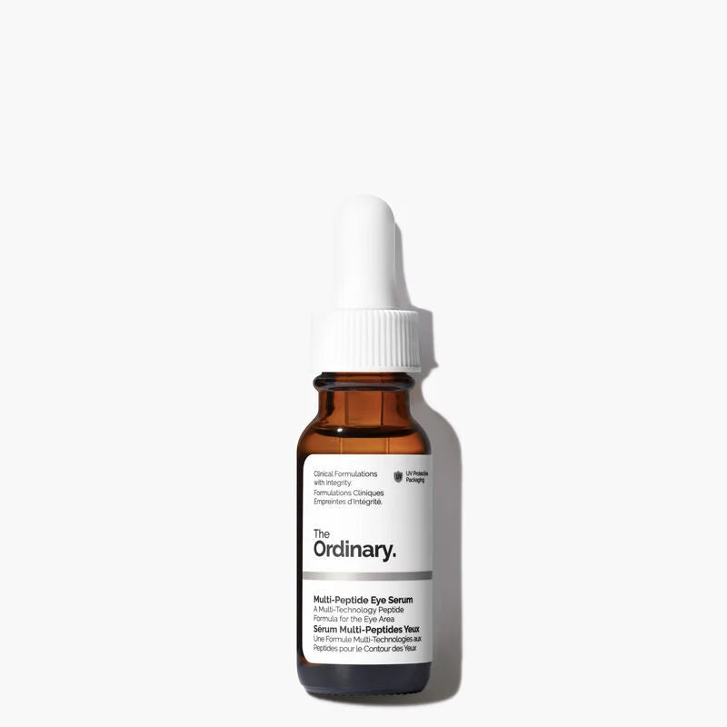 The Ordinary Multi-Peptide Eye Serum 15ml bottle showing the clear, concentrated water-based formula against a clinical white background.