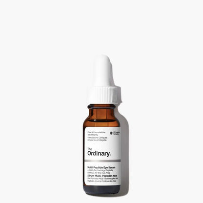 The Ordinary Multi-Peptide Eye Serum 15ml bottle showing the clear, concentrated water-based formula against a clinical white background.