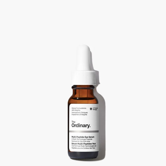 The Ordinary Multi-Peptide Eye Serum 15ml bottle showing the clear, concentrated water-based formula against a clinical white background.