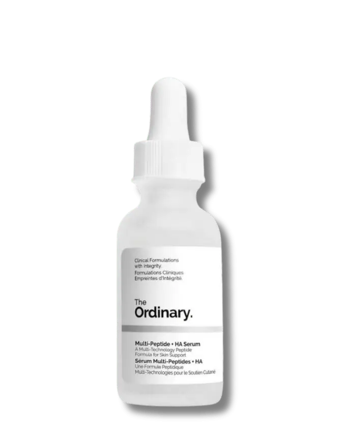 The Ordinary Multi-Peptide + HA Serum 30ml bottle with a dropper, displaying the clear, water-based liquid against a clinical white background.
