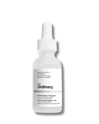 The Ordinary Multi-Peptide + HA Serum 30ml bottle with a dropper, displaying the clear, water-based liquid against a clinical white background.