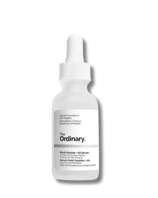 The Ordinary Multi-Peptide + HA Serum 30ml bottle with a dropper, displaying the clear, water-based liquid against a clinical white background.