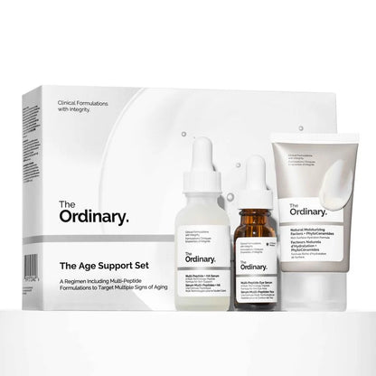 The Ordinary Age Support Set packaging containing Multi-Peptide + HA Serum, Multi-Peptide Eye Serum, and Natural Moisturizing Factors + PhytoCeramides.