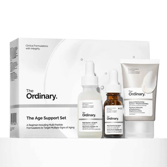 The Ordinary Age Support Set packaging containing Multi-Peptide + HA Serum, Multi-Peptide Eye Serum, and Natural Moisturizing Factors + PhytoCeramides.