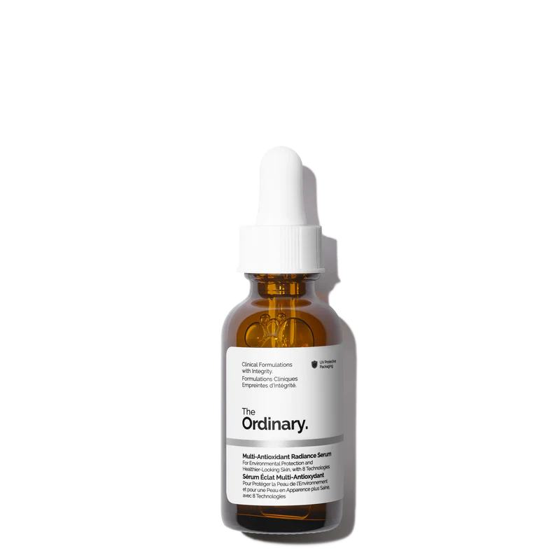 The Ordinary Multi-Antioxidant Radiance Serum 30ml bottle with a dropper, featuring an advanced 8-technology water-based formula for environmental protection and skin radiance.
