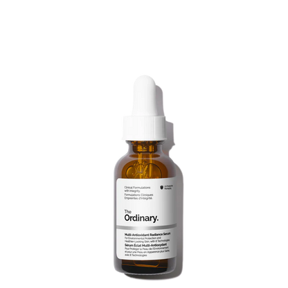 The Ordinary Multi-Antioxidant Radiance Serum 30ml bottle with a dropper, featuring an advanced 8-technology water-based formula for environmental protection and skin radiance.