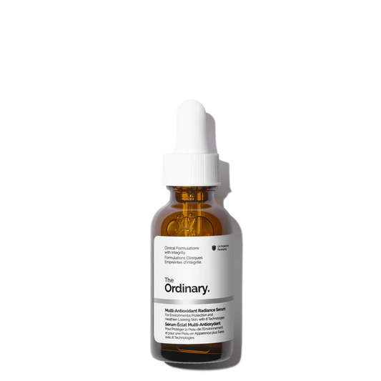 The Ordinary Multi-Antioxidant Radiance Serum 30ml bottle with a dropper, featuring an advanced 8-technology water-based formula for environmental protection and skin radiance.