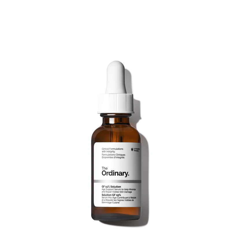 The Ordinary GF 15% Solution 30ml bottle with a dropper, featuring a clear, water-based serum for advanced age support.