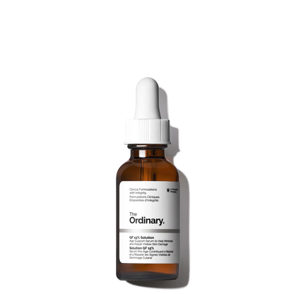 The Ordinary GF 15% Solution 30ml bottle with a dropper, featuring a clear, water-based serum for advanced age support.