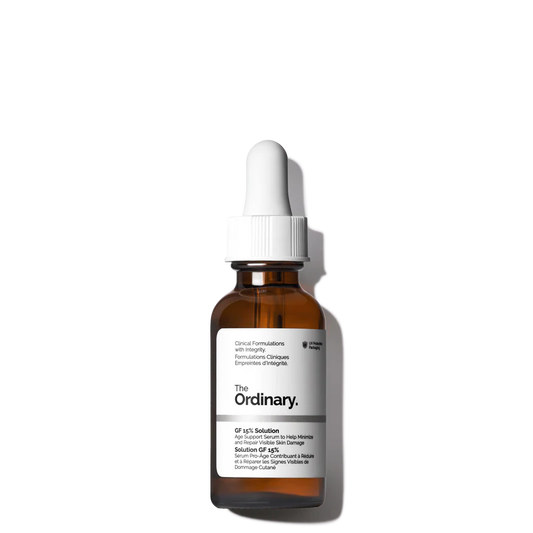 The Ordinary GF 15% Solution 30ml bottle with a dropper, featuring a clear, water-based serum for advanced age support.