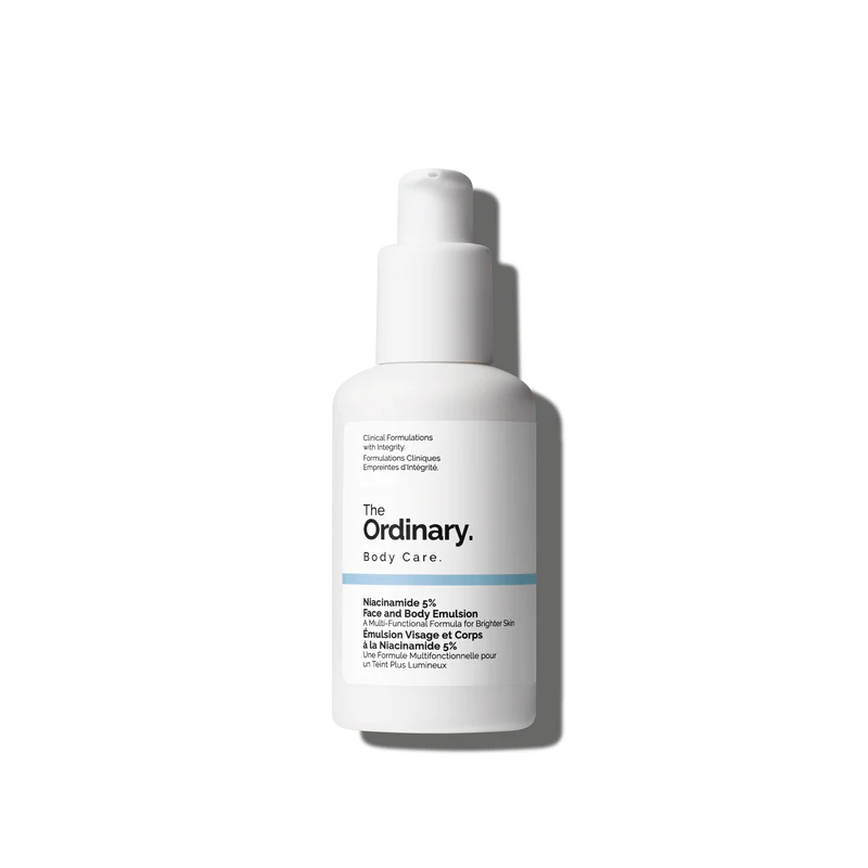 The Ordinary Niacinamide 5% Face and Body Emulsion 100ml bottle on a clean white clinical background.