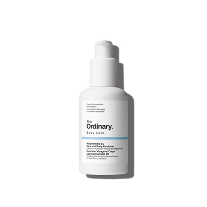 The Ordinary Niacinamide 5% Face and Body Emulsion 100ml bottle on a clean white clinical background.