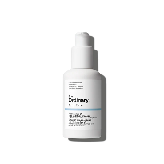 The Ordinary Niacinamide 5% Face and Body Emulsion 100ml bottle on a clean white clinical background.