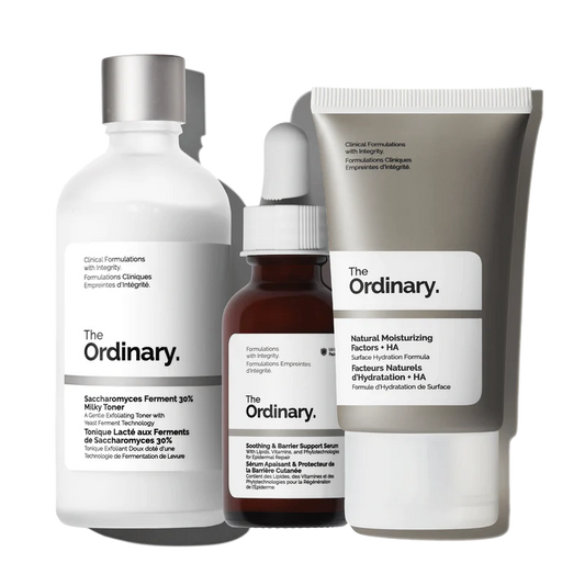 The Ordinary Sensitive Skin Collection featuring the Milky Toner, the pink Soothing & Barrier Support Serum, and NMF + HA moisturizer on a clean white background.