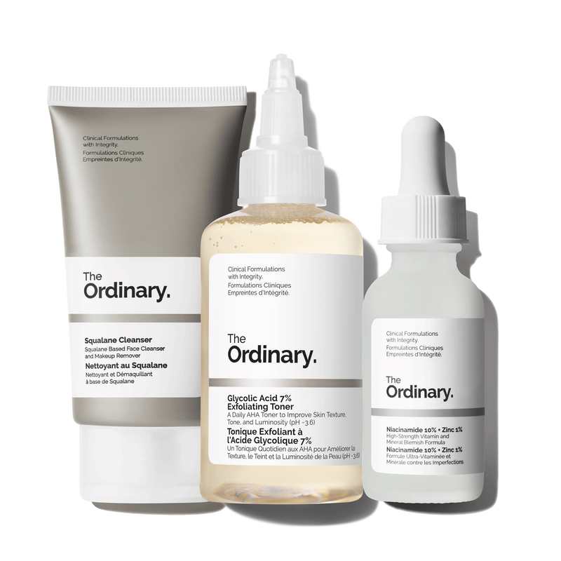 The Ordinary Smooth Skin Collection set featuring miniature travel sizes of Squalane Cleanser, Glycolic Acid 7% Exfoliating Toner, and Niacinamide 10% + Zinc 1%.