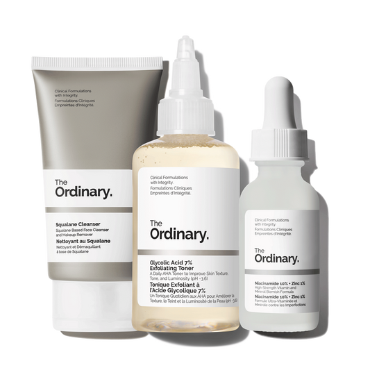 The Ordinary Smooth Skin Collection set featuring miniature travel sizes of Squalane Cleanser, Glycolic Acid 7% Exfoliating Toner, and Niacinamide 10% + Zinc 1%.