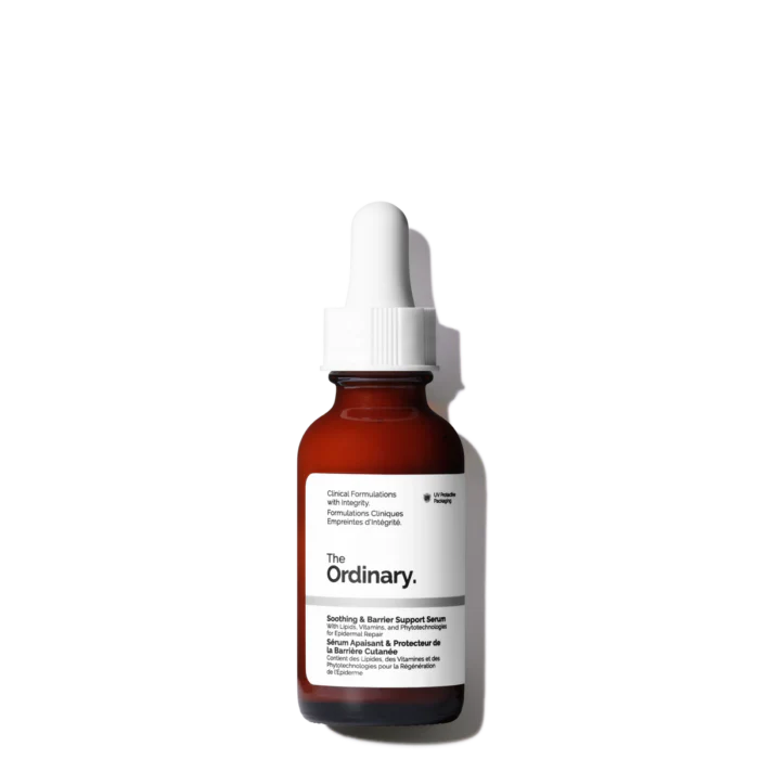 The Ordinary Soothing & Barrier Support Serum in its signature glass bottle, showing the distinctive vibrant pink emulsion liquid.