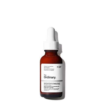 The Ordinary Soothing & Barrier Support Serum in its signature glass bottle, showing the distinctive vibrant pink emulsion liquid.