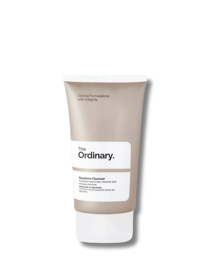 The Ordinary Squalane Cleanser in its signature white tube, available in multiple sizes, displayed on a clean clinical surface.