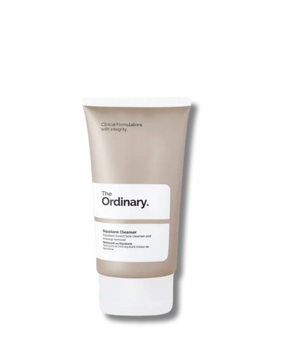 The Ordinary Squalane Cleanser in its signature white tube, available in multiple sizes, displayed on a clean clinical surface.