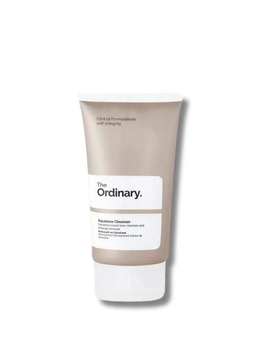 The Ordinary Squalane Cleanser in its signature white tube, available in multiple sizes, displayed on a clean clinical surface.