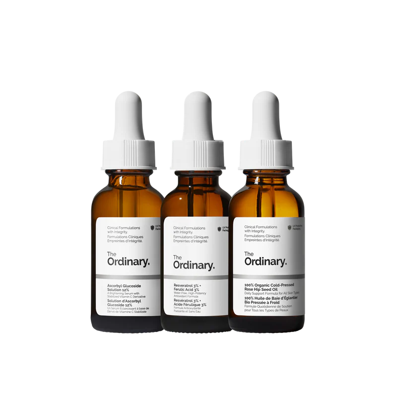 The Ordinary Antioxidant Collection featuring Ascorbyl Glucoside Solution 12%, Resveratrol 3% + Ferulic Acid 3%, and 100% Organic Cold-Pressed Rose Hip Seed Oil.