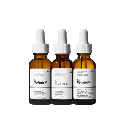The Ordinary Antioxidant Collection featuring Ascorbyl Glucoside Solution 12%, Resveratrol 3% + Ferulic Acid 3%, and 100% Organic Cold-Pressed Rose Hip Seed Oil.