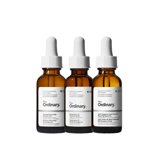 The Ordinary Antioxidant Collection featuring Ascorbyl Glucoside Solution 12%, Resveratrol 3% + Ferulic Acid 3%, and 100% Organic Cold-Pressed Rose Hip Seed Oil.