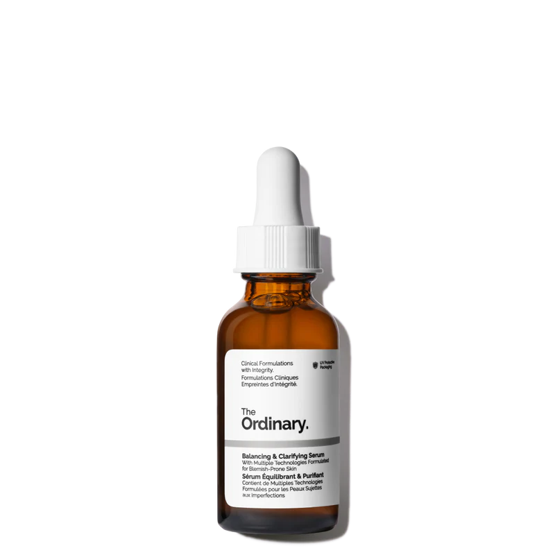 The Ordinary Balancing & Clarifying Serum 30ml bottle with a dropper, featuring the clear water-based formula against a clinical white background.