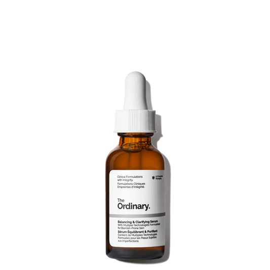 The Ordinary Balancing & Clarifying Serum 30ml bottle with a dropper, featuring the clear water-based formula against a clinical white background.