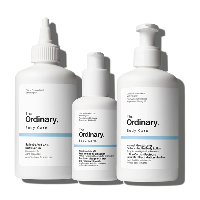 The Ordinary Body Care Collection featuring the Salicylic Acid Body Serum, Niacinamide Emulsion, and NMF + Inulin Body Lotion on a clinical white