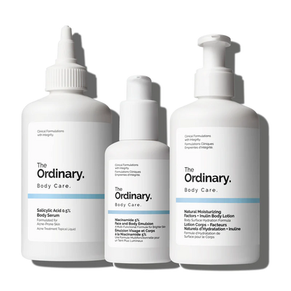 The Ordinary Body Care Collection featuring the Salicylic Acid Body Serum, Niacinamide Emulsion, and NMF + Inulin Body Lotion on a clinical white