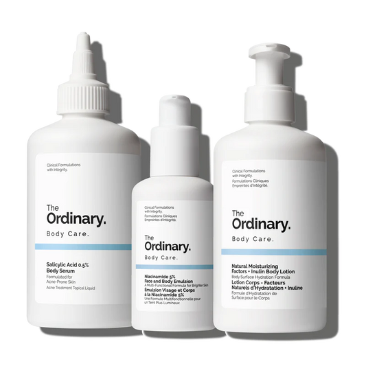 The Ordinary Body Care Collection featuring the Salicylic Acid Body Serum, Niacinamide Emulsion, and NMF + Inulin Body Lotion on a clinical white