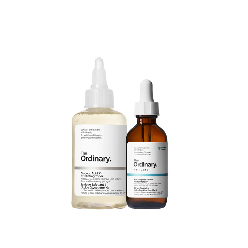 The Ordinary Hair & Scalp Collection featuring the Glycolic Acid 7% Exfoliating Toner and the Multi-Peptide Serum for Hair Density on a clinical white background.