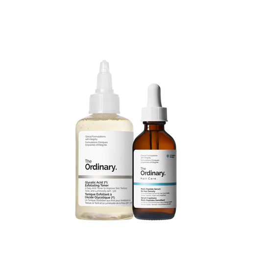 The Ordinary Hair & Scalp Collection featuring the Glycolic Acid 7% Exfoliating Toner and the Multi-Peptide Serum for Hair Density on a clinical white background.