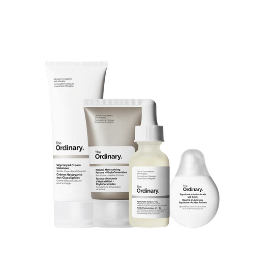 The Ordinary Hydration Collection featuring the Glycolipid Cream Cleanser, Hyaluronic Acid 2% + B5, NMF + PhytoCeramides, and Squalane Lip Balm on a minimalist white surface.
