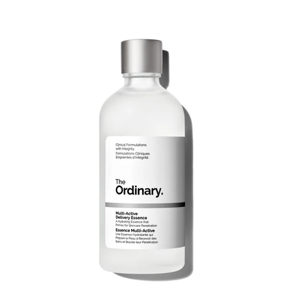 The Ordinary Multi-Active Delivery Essence in a 100ml clear bottle, showing the lightweight, water-like hydrating liquid on a clinical white background.