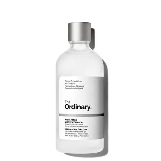 The Ordinary Multi-Active Delivery Essence in a 100ml clear bottle, showing the lightweight, water-like hydrating liquid on a clinical white background.
