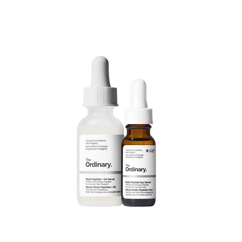 The Ordinary Multi-Peptide Collection set featuring the Multi-Peptide + HA Serum and the Multi-Peptide Eye Serum in 30ml and 15ml bottles on a clinical white background.