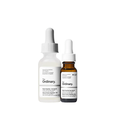 The Ordinary Multi-Peptide Collection set featuring the Multi-Peptide + HA Serum and the Multi-Peptide Eye Serum in 30ml and 15ml bottles on a clinical white background.