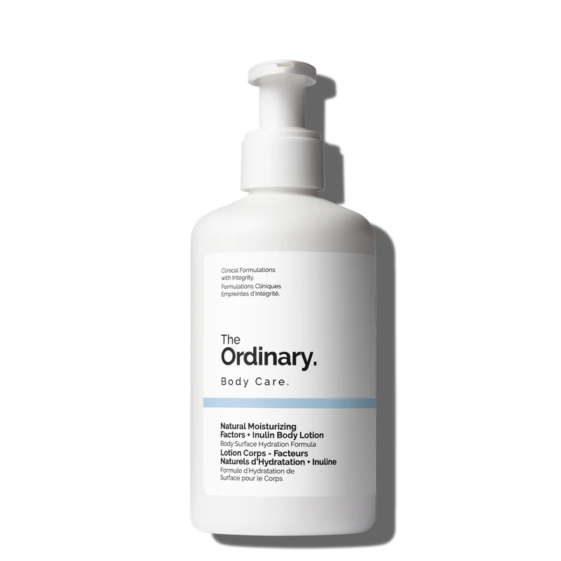 The Ordinary Natural Moisturizing Factors + Inulin Body Lotion in a large 240ml white tube, showcasing a lightweight daily hydrator for the body.