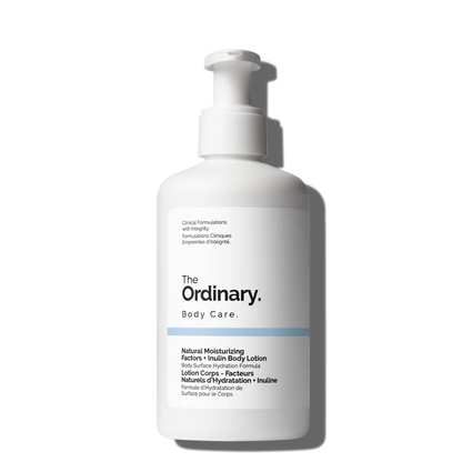 The Ordinary Natural Moisturizing Factors + Inulin Body Lotion in a large 240ml white tube, showcasing a lightweight daily hydrator for the body.