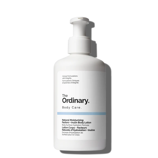 The Ordinary Natural Moisturizing Factors + Inulin Body Lotion in a large 240ml white tube, showcasing a lightweight daily hydrator for the body.