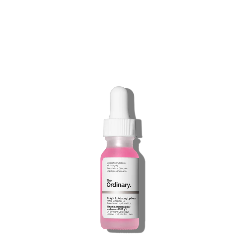 The Ordinary PHA 5% Exfoliating Lip Serum in a compact bottle, a specialized water-based chemical exfoliator for smooth and hydrated lips.