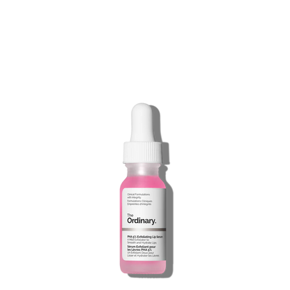 The Ordinary PHA 5% Exfoliating Lip Serum in a compact bottle, a specialized water-based chemical exfoliator for smooth and hydrated lips.