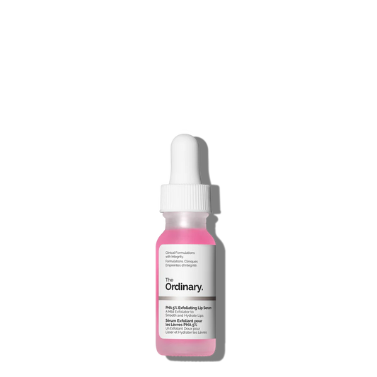 The Ordinary PHA 5% Exfoliating Lip Serum in a compact bottle, a specialized water-based chemical exfoliator for smooth and hydrated lips.